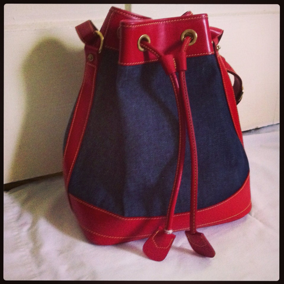 Vintage denim dooney and Bourke red leather trim bucket bag