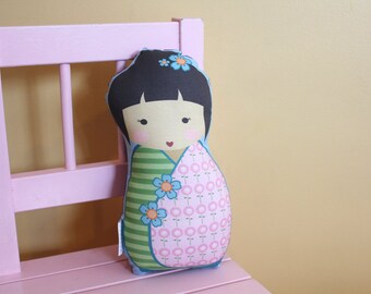 stuffed Doll Kokeshi by PETUNIAS - pillow japanese kimono plush softie room decor toddler baby gift photo prop toy pillow ready to ship