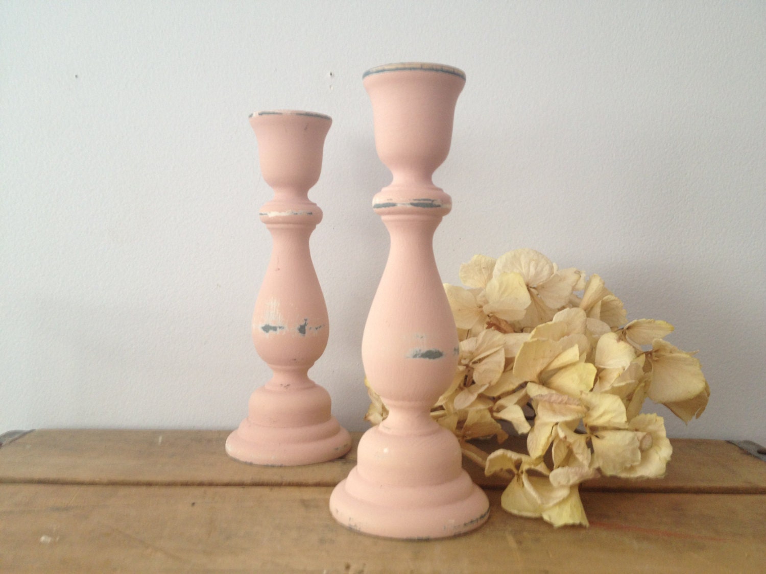 Pink Candle Holders Painted Light Pink and Distressed