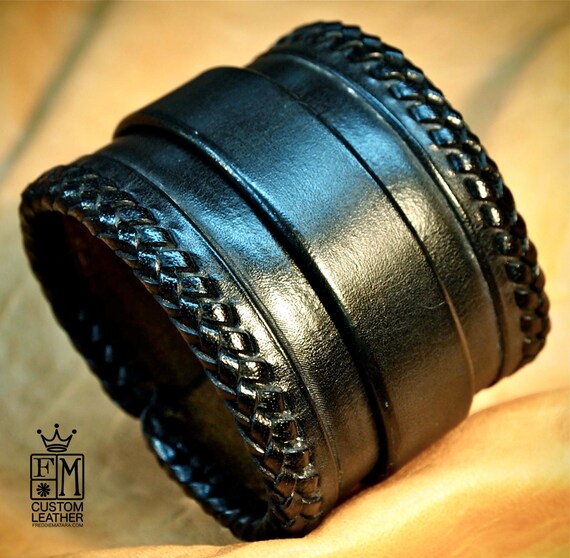 Black Leather Cuff bracelet hand made, braided edge wristband made for YOU in NYC by Freddie Matara