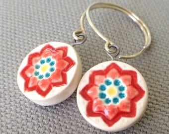 starflower earrings, blood orange and ocean ... handmade porcelain jewelry by Sofia Masri
