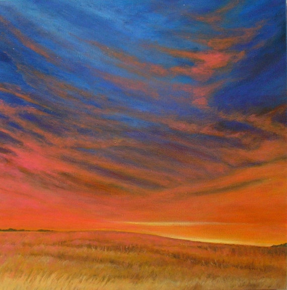 Items similar to Landscape - Field With Orange Sky - 24 x 24 Original ...