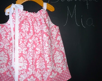 SAMPLE - Pillowcase Dress or Top - Pink Damask - Will fit Size 6-12 month up to 3T - by Boutique Mia - Ready To Ship
