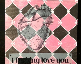 lover and lipstick, original framed modern collage art, anatomical heart drawing with text in pink and black, i love you, valentine's day