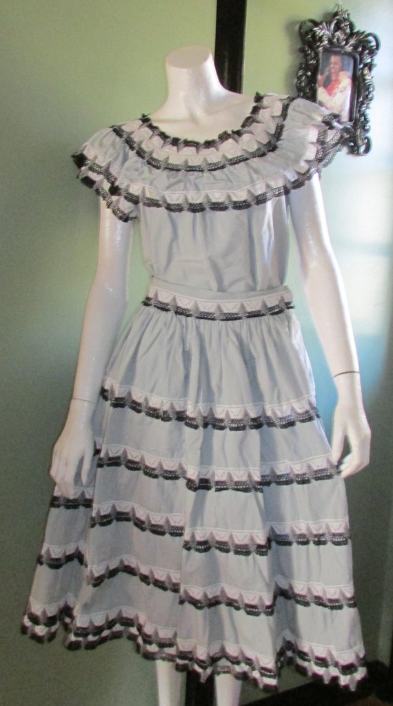 Vintage Mexican Skirt and Peasant Blouse Set Grey by LuckyStarr