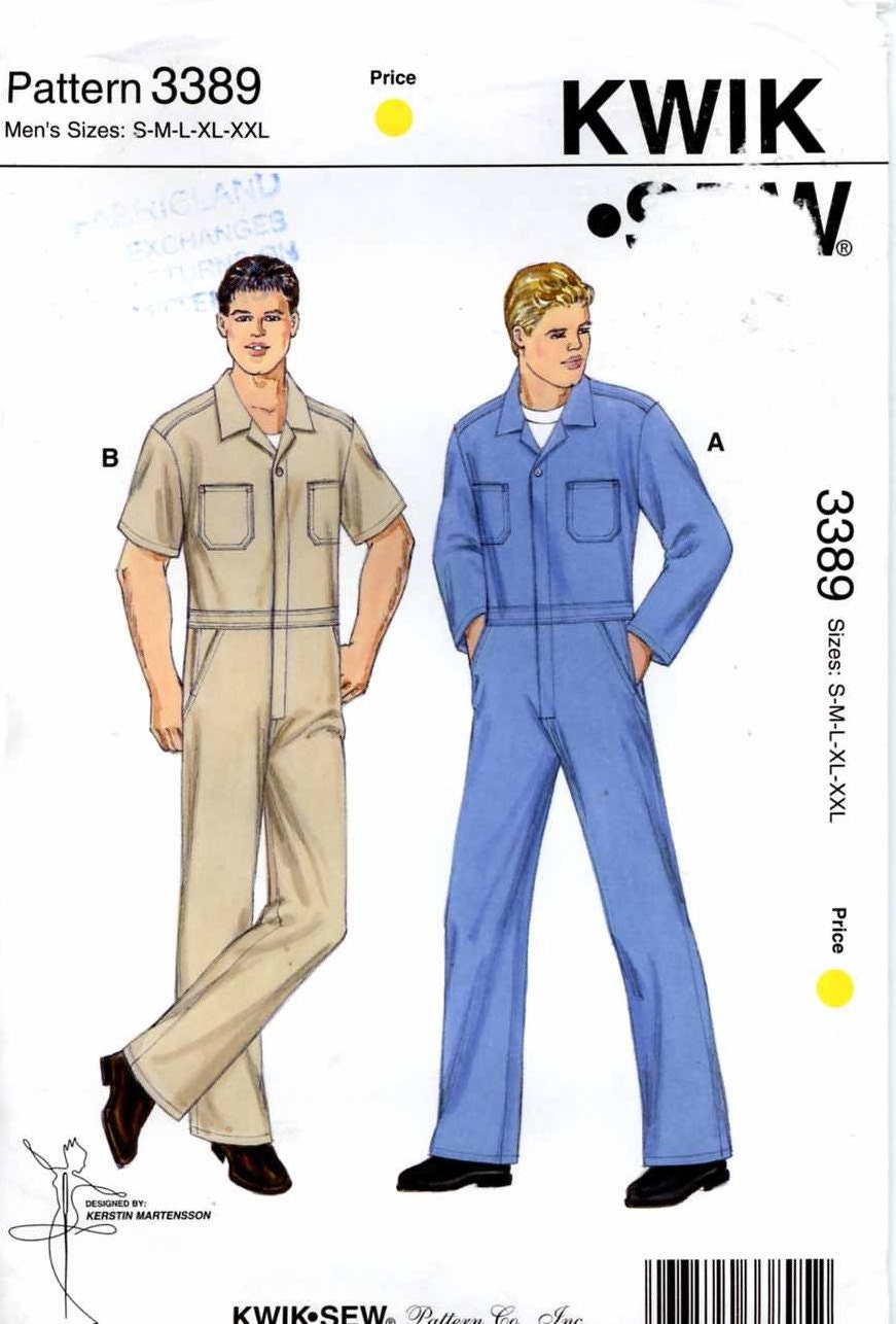 Mens Coveralls pattern Mechanics Kwik Sew 3389 sewing pattern