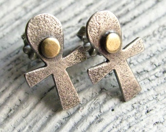 Sterling Silver Ankh Earrings, Stud Earrings, Silver Earrings, Ethnic Earrings, Mixed Metal Jewelry, Egyptian Key Of Life Jewelry