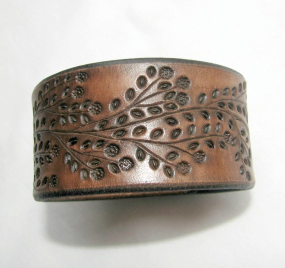Leather Wristband / Bracelet Wide w Hand Tooled by aosLeather