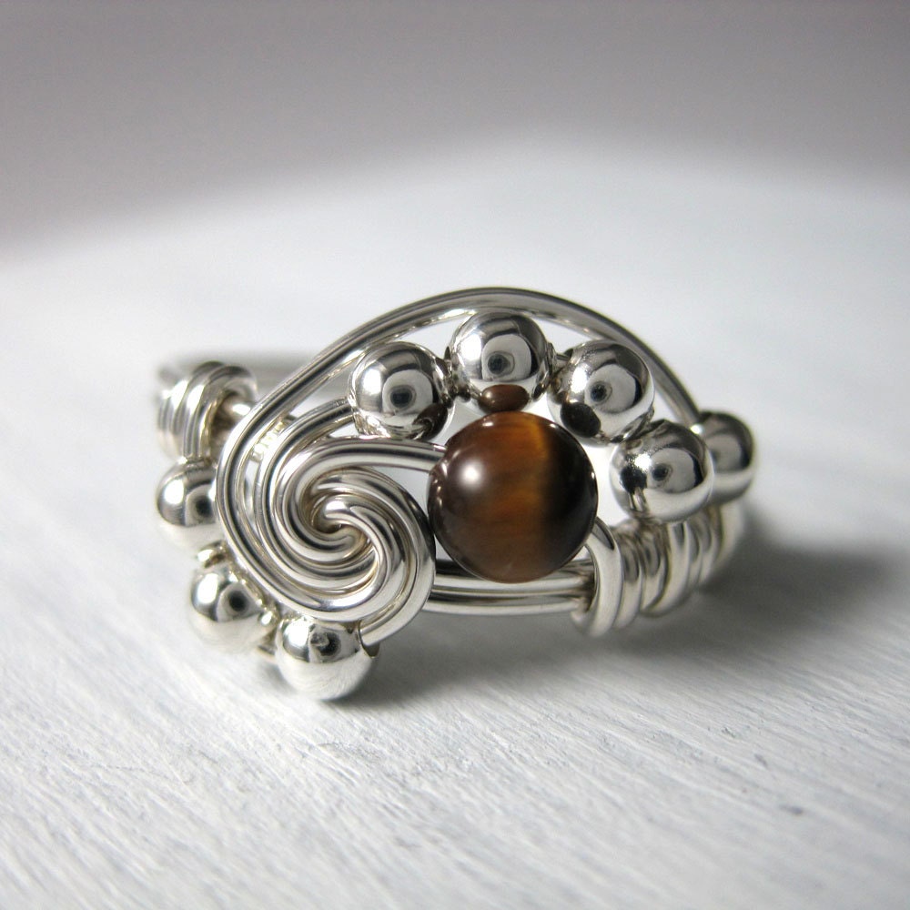 Math Ring Wire Wrapped Pi Ring Tigers Eye and Sterling Silver