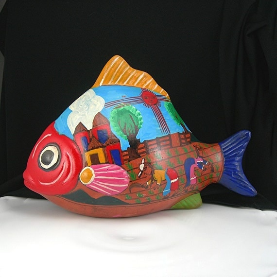 Mexican Story Fish Red Clay Pottery Folk Art Vintage Home