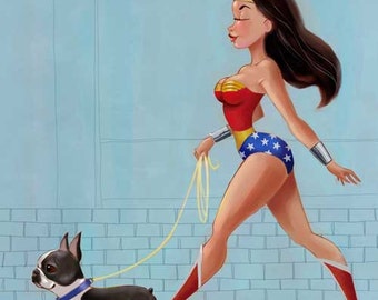 Wonder Woman walking a boston terrier