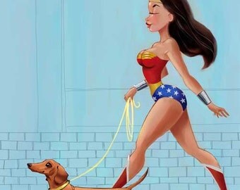 Wonder Woman walking a Dachshund
