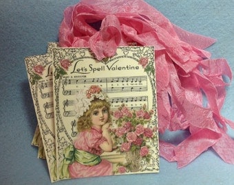 Set of 6 Shabby Cottage Pink Valentine Gift Tags / Cards Glittered To Perfection