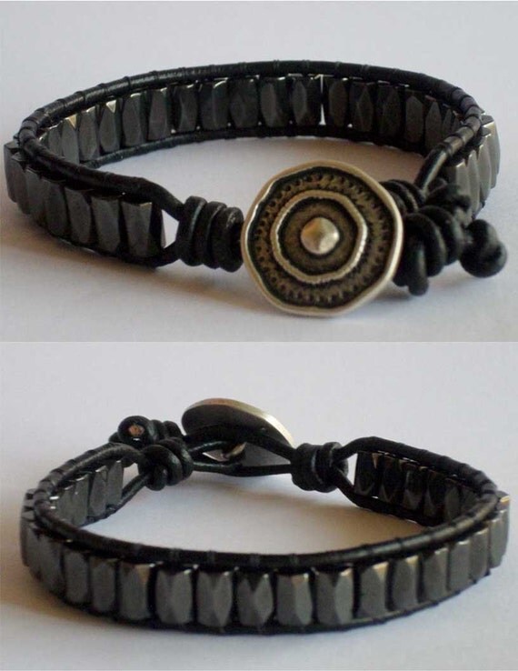 Mens Hematite Leather Bracelet by AlinasUniqueboutique
