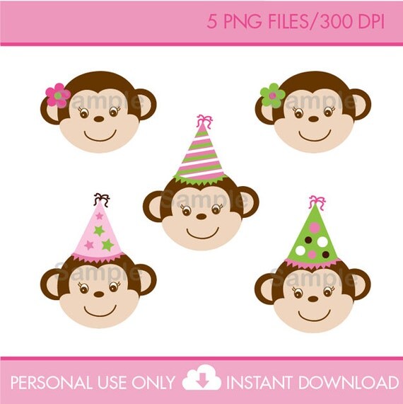 Mod Monkey Girl Birthday Clipart INSTANT DOWNLOAD Il_570xn