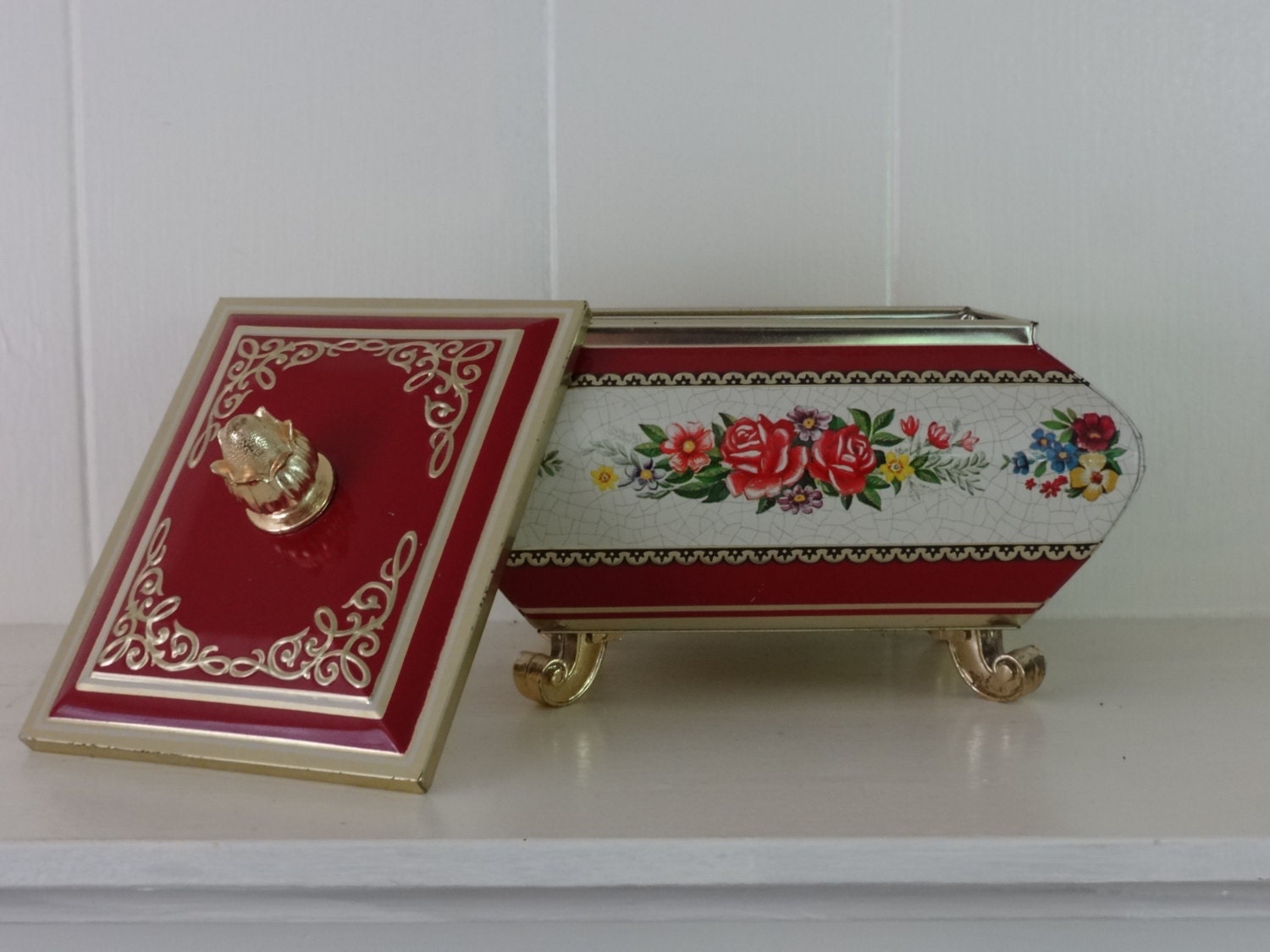Decorative Tin Box Home Decor Roses Footed Tea Storage