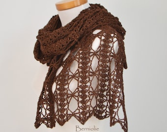 Lace crochet shawl stole, wool/silk, Brown, M153