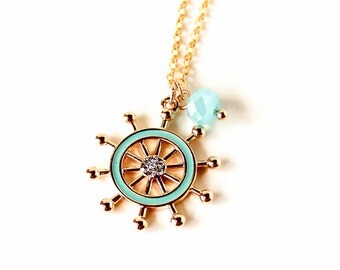 Nautical ship wheel marine gold cha rm with blue bead necklace ...