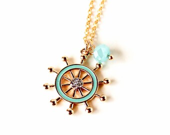 Nautical ship wheel marine gold cha rm with blue bead necklace ...