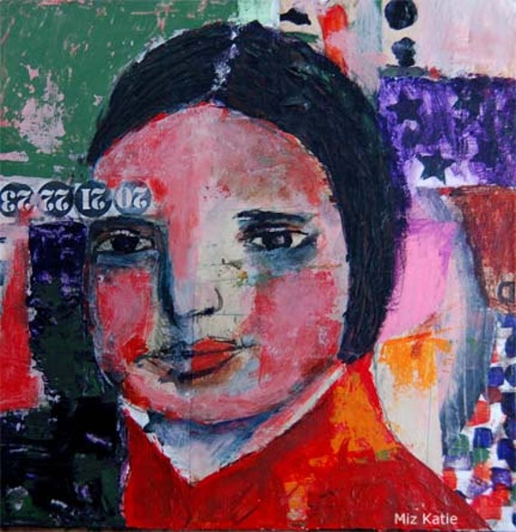 Acrylic Portrait Collage Painting 10x10 Canvas Original, Mixed Media, Pink, Purple, Face, Orange, Small Town Girl