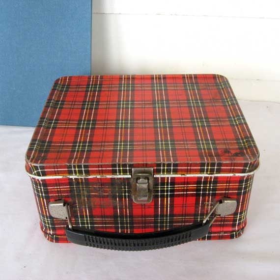 Vintage 1950's Red and Black Plaid Metal Lunch Box