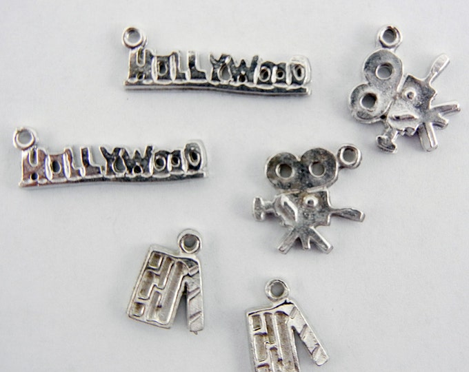 6 Small Hollywood and Movie Themed Pewter Charms