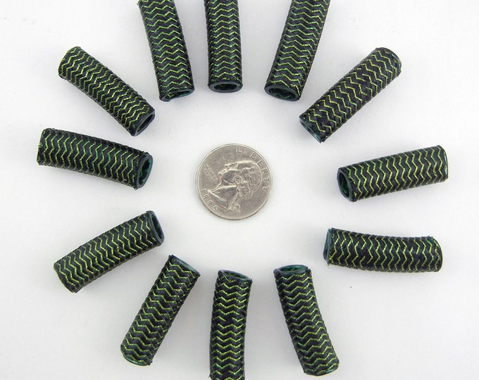 12 Woven Over Acrylic Tube Beads Chevron Design Black and Sage Green