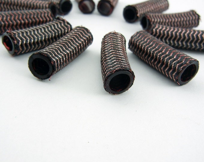 12 Woven Over Acrylic Tube Beads Chevron Design Black and Brown