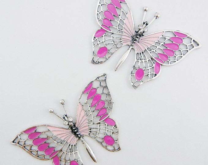 Large Silver-tone Butterfly Pendants Pink Epoxy Rhinestone Eyes