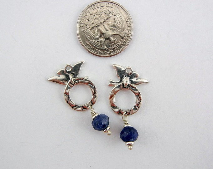 Pair of Hammered Silver-tone Dove Charms with Faceted Blue Glass Bead Drop