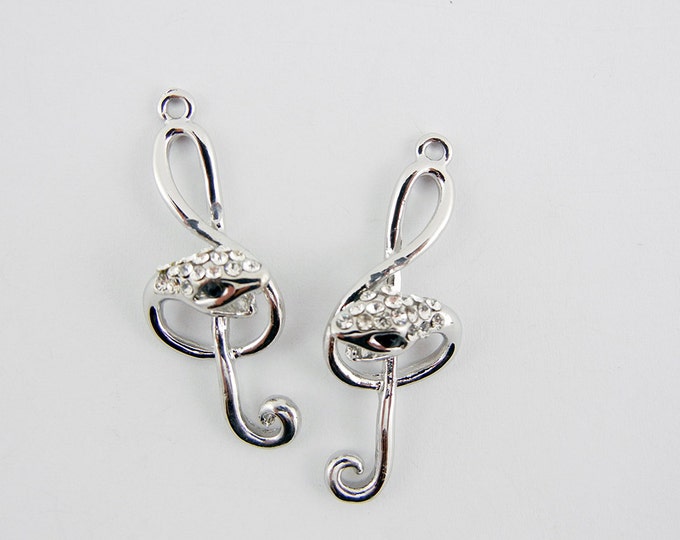 Pair of Rhinestone Accented Snake G Clef Pendant Silver-tone