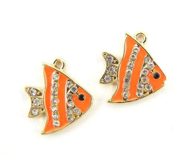 Pair of Small Orange Epoxy Angel Fish Charms Gold-tone