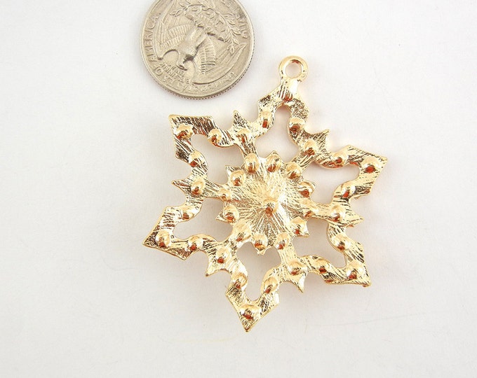 Large Cut-Out Gold-tone Rhinestone Accented Snowflake Pendant Aurora Borealis Center