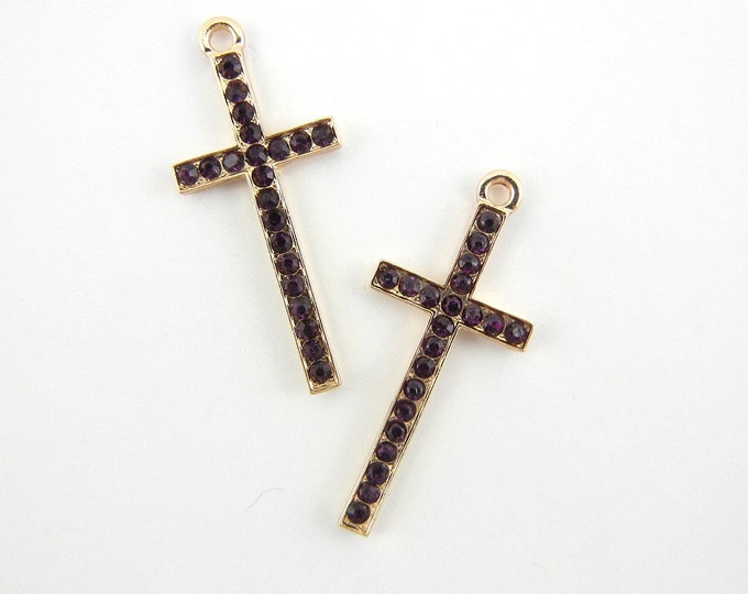 Pair of Gold-tone Cross Charms with Amethyst Purple Rhinestones