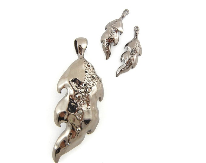 Set of Hematite-tone Leaf Pendant and Charms Rhinestones