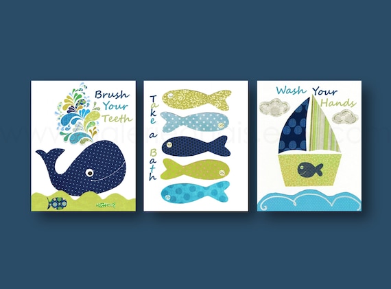 Take a bath Brush your teeth Wash your hands Nursery art nautical whale Boat fish blue navy green bathroom Set of three prints by GalerieAnais