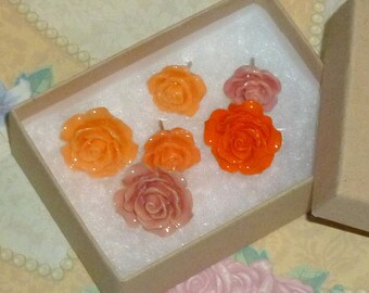 Orange Flower Push Pins - Decorative Resin Rose Flower Cabochon Push Pin Thumb Tacks - Orange Salmon Peach Thumb Tacks - Set of 6