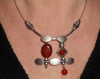 Statement necklace, carnelian necklace, unique necklaces, boho chic asymmetric jewelry, boho necklace, silver necklace, metal jewelry,