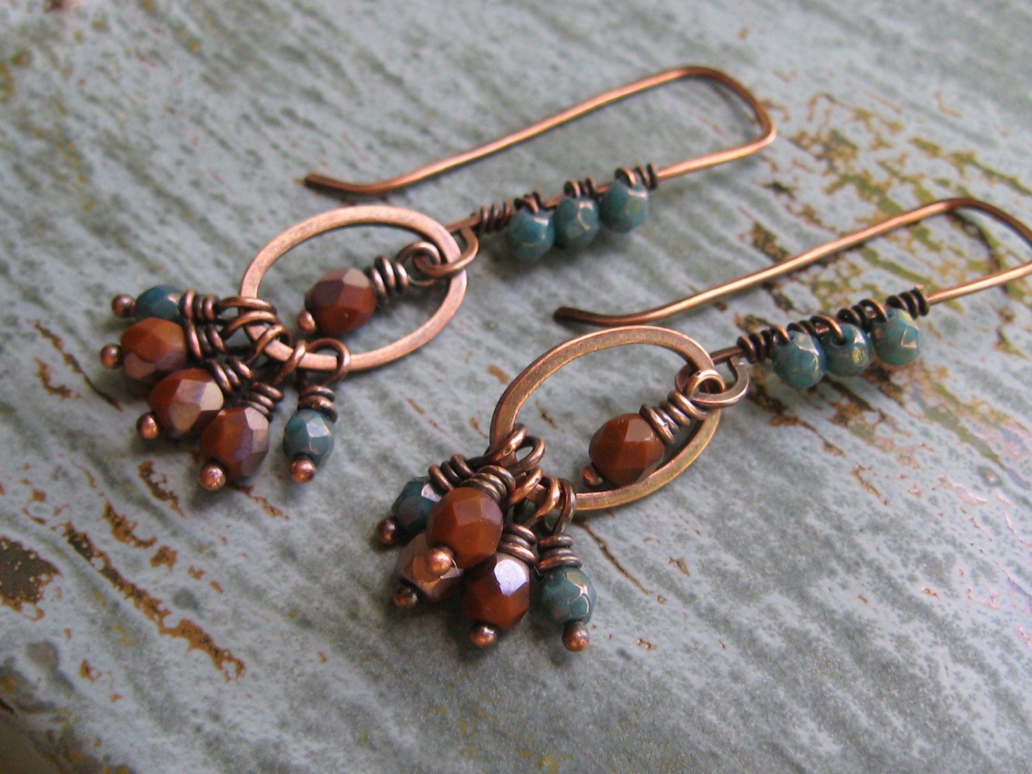 Teal And Rust Czech Glass Copper Earrings