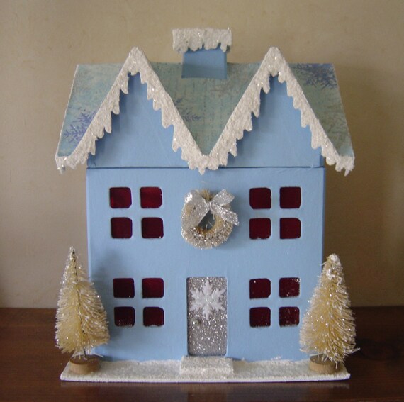 Items similar to Christmas Paper mache 9 inch Blue Winter Village House