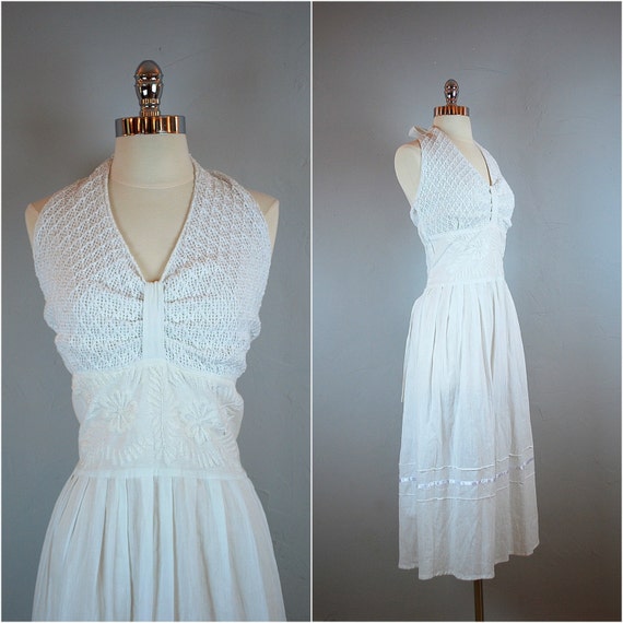 White Gauze Halter Dress Boho Beach Wedding Dress 