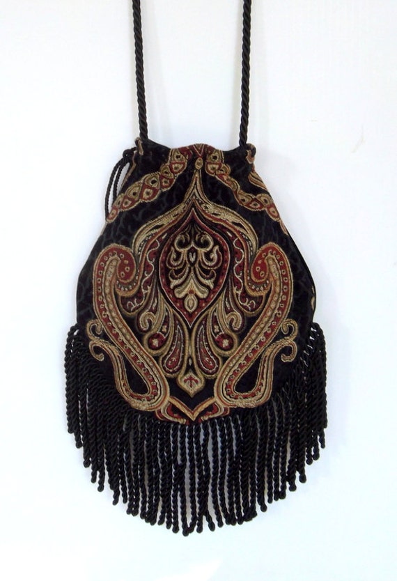 Fringed Tapestry Gypsy Bag Black Cross Body Bag Bohemian  Indie bag Renaissance Bag Festival Bag
