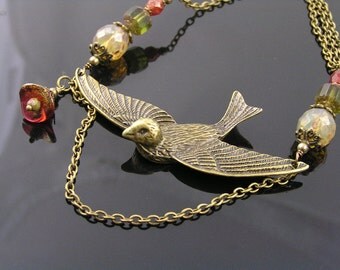 Swallow Necklace with Czech Beads, Swooping Swallow Pendant Necklace, Boho Necklace, Czech Glass Necklace with Swallow Pendant, N1567