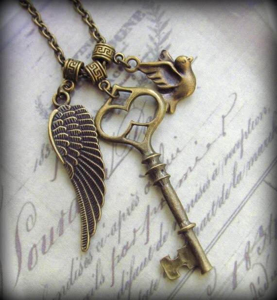 Skeleton Key Necklace with Soaring Dove Bird by ValentineStudios