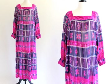 70s Vintage Rare Sandy Starkman Saks India Aztec Tribal Tent Cotton Boho Hippie Indian Ethnic Festival Maxi Dress . SML . No.438.7.12.13