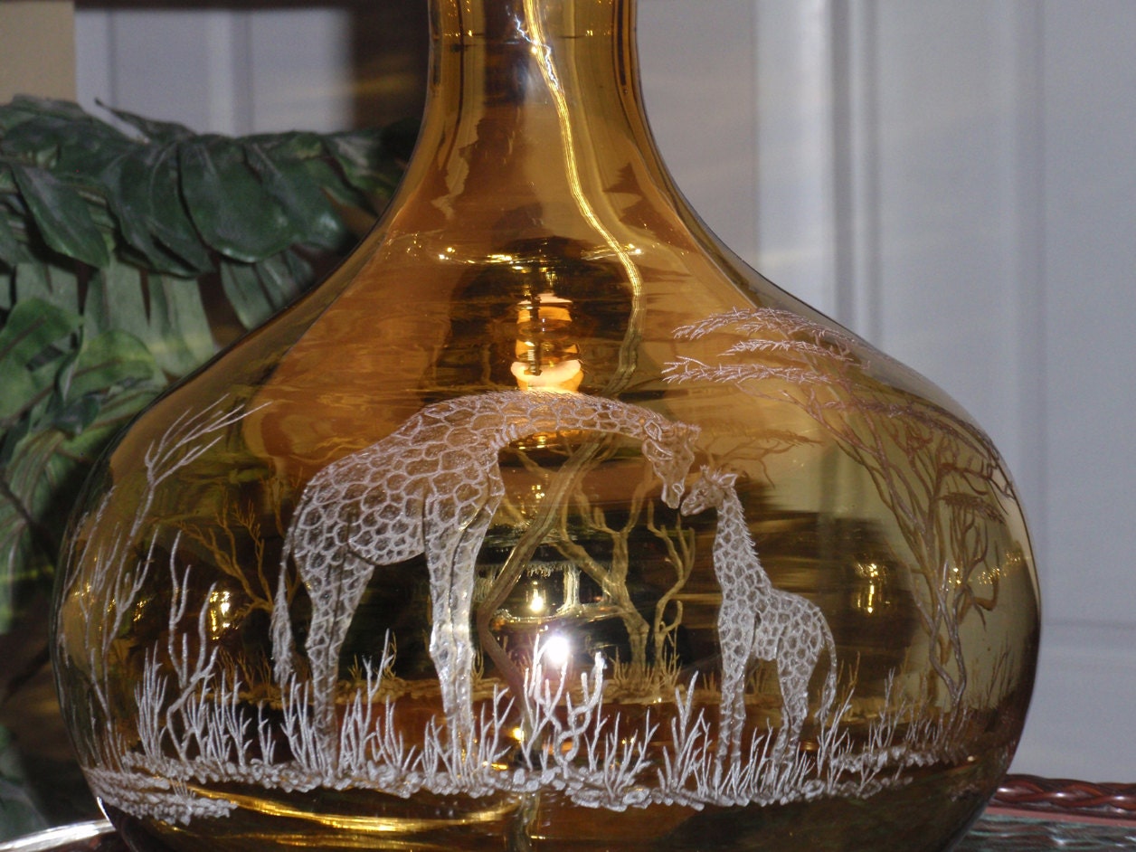Giraffe Glass Lamp Gold Etched Glass Hand Carved African