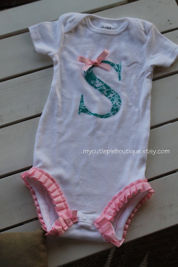 Turquois Initial Onesie with Pink Ruffle Legs - Personalized Onesie Shirt