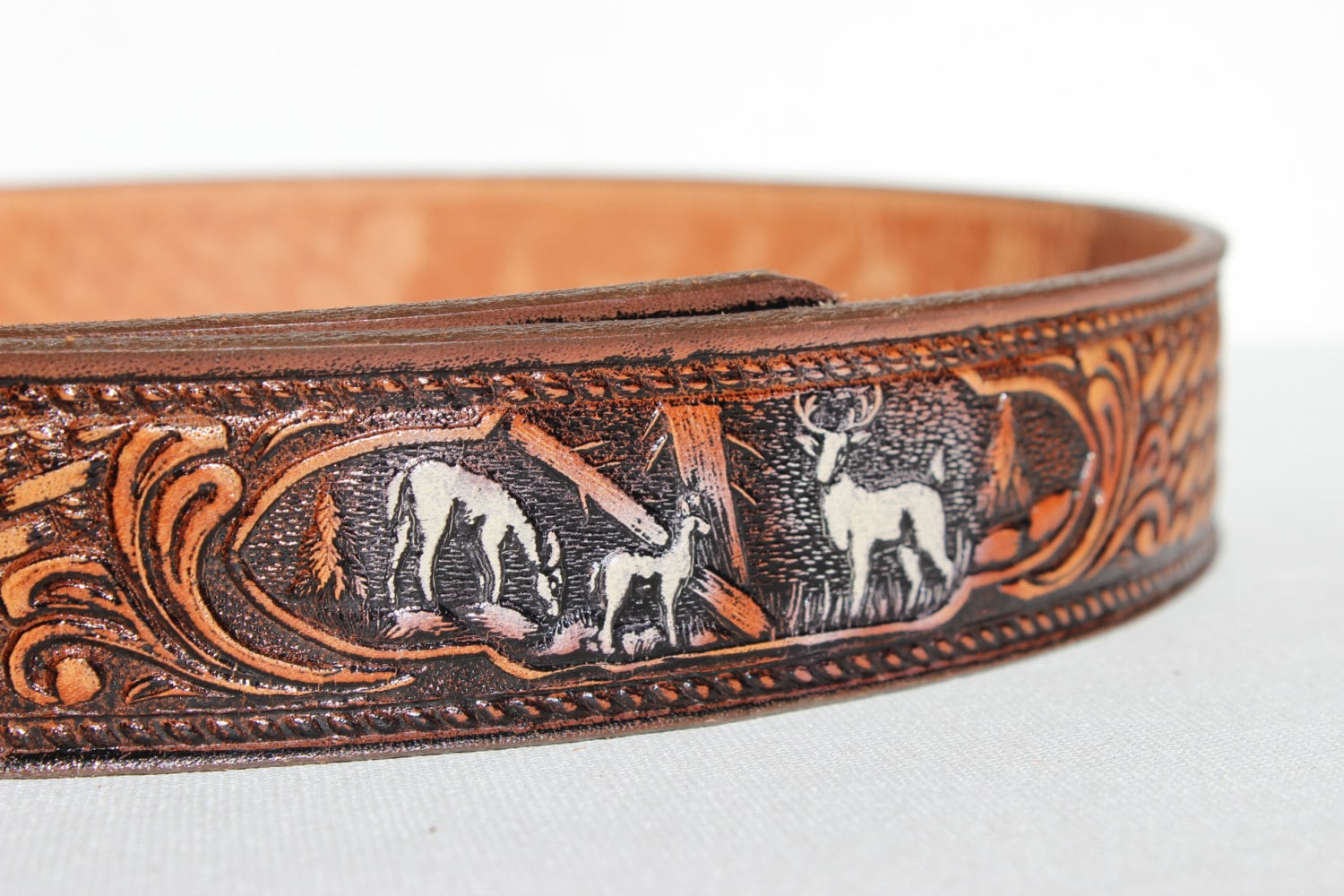 Brown Deer Tooled Leather Replacement Belt Double by thegypsygoat