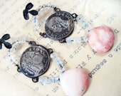 The Lovers. Antique coin assemblage earrings with gem moonstone peruvian opal.