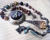 Dark Days Ahead. Rustic victorian tribal assemblage necklace. Gemstones art beads, beach stones, gold leaf.